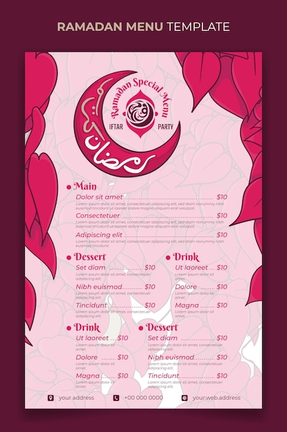 Vector plantilla de menú de fiesta iftar de ramadán con diseño de fondo de hojas femeninas