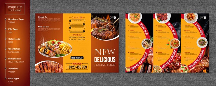 Vector plantilla de menú de folleto tríptico de alimentos. folleto de menú de comida rápida para restaurante con color gradian