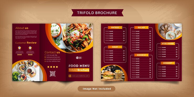 Vector plantilla de menú de folleto tríptico de alimentos. folleto de menú de comida rápida para restaurante con color rojo.