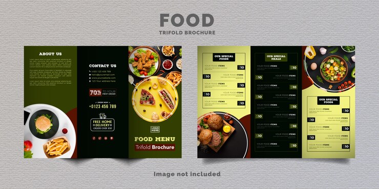 Vector plantilla de menú de folleto tríptico de alimentos. folleto de menú de comida rápida para restaurante con color verde oscuro.