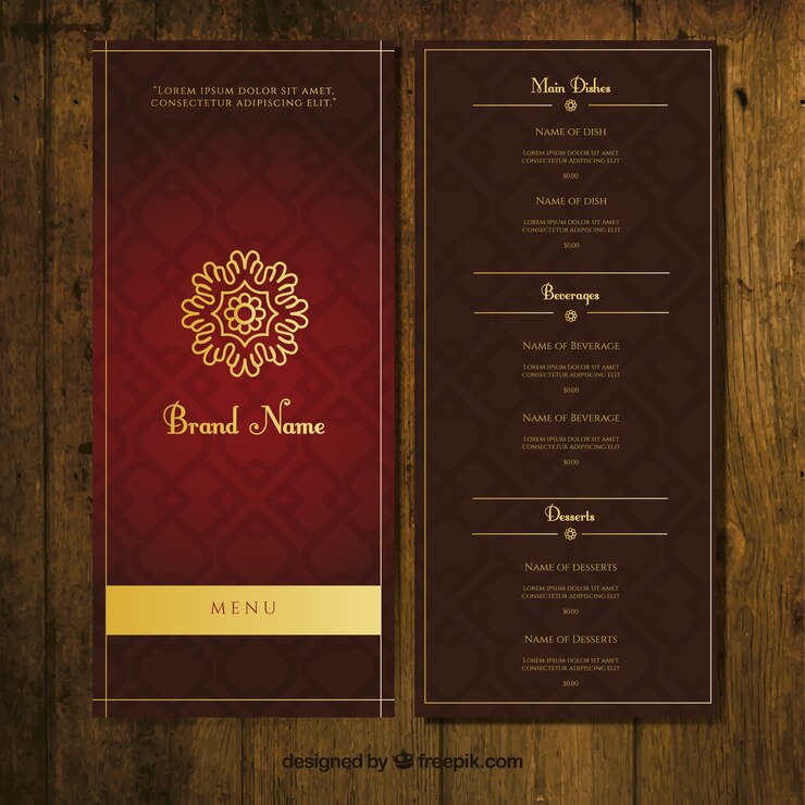 Vector plantilla de menú ornamental oscuro con adornos de oro