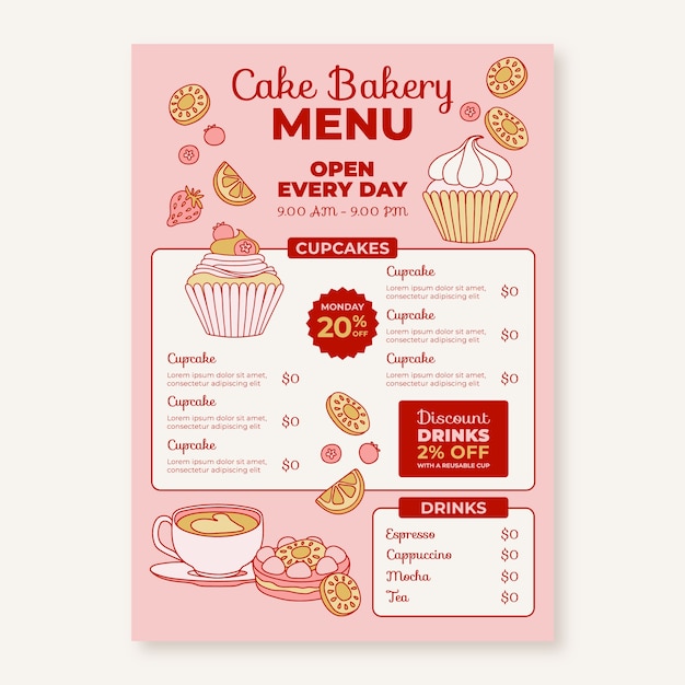 plantilla de menú de pasteles dibujada a mano