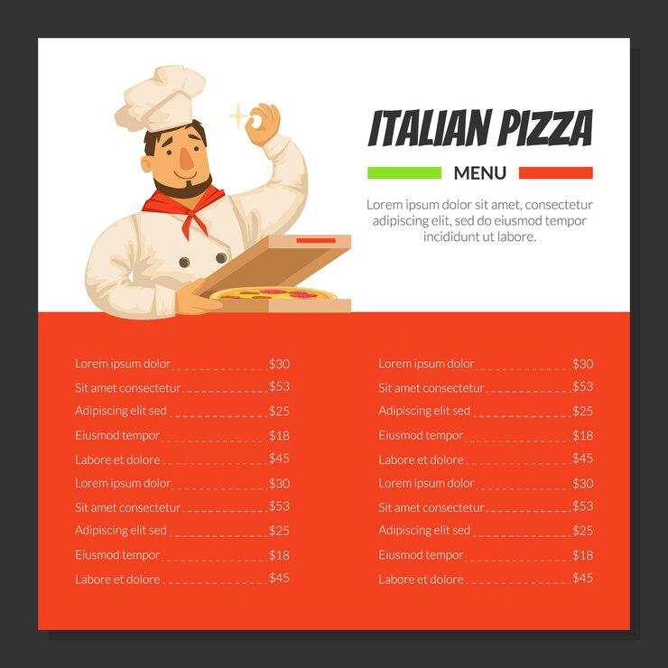 Vector plantilla de menú de pizza italiana platos de cocina tradicional servicio de pedido en línea menú de restaurante o café con el chef alegre ilustración vectorial de personajes