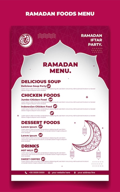 Vector plantilla de menú de ramadán en fondo islámico rosa y blanco con diseño de linterna y luna