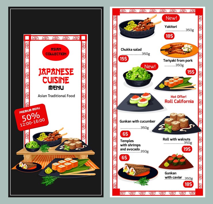 Vector plantilla de menú de restaurante de cocina japonesa o asiática