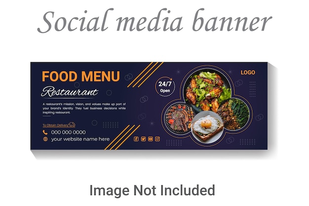 Plantilla de menú de restaurante de comida deliciosa, diseño de banner de Facebook de redes sociales.