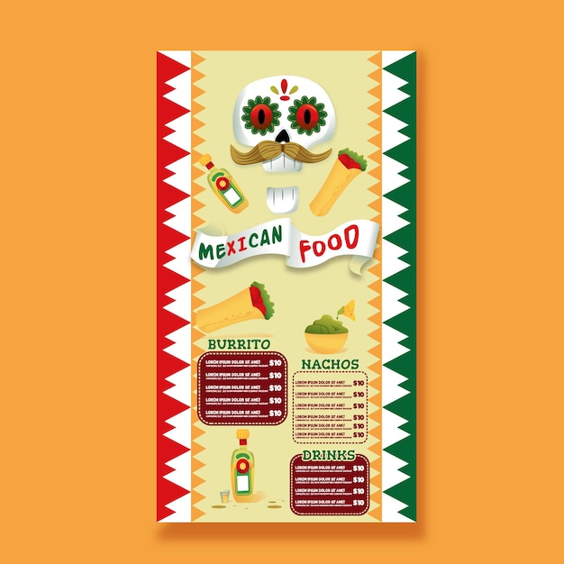 Plantilla de menú de restaurante de comida mexicana