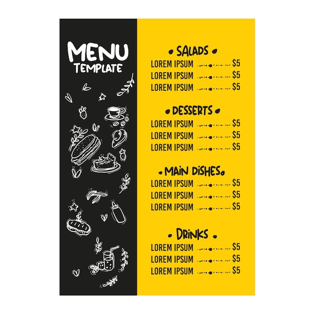 Vector plantilla de menú de un restaurante de comida rápida