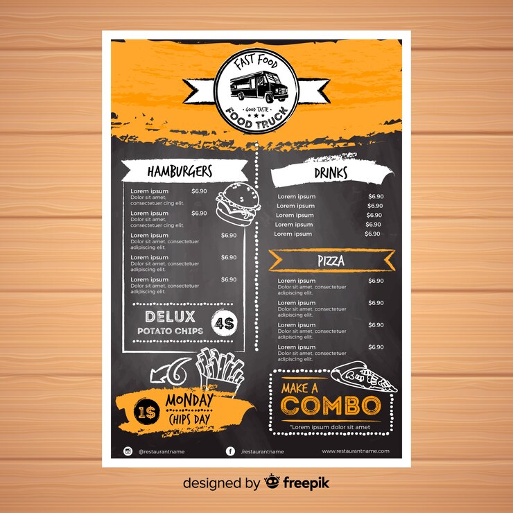 Vector plantilla de menú de restaurante con estilo de pizarra