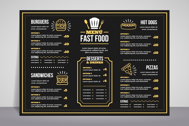 Vector plantilla de menú de restaurante en formato horizontal para plataforma digital