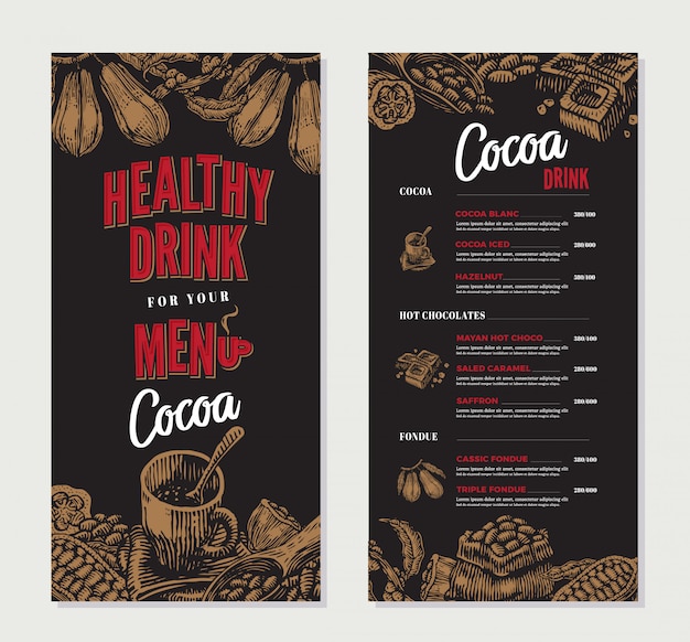 Plantilla de menú de restaurante con grabado de cacao