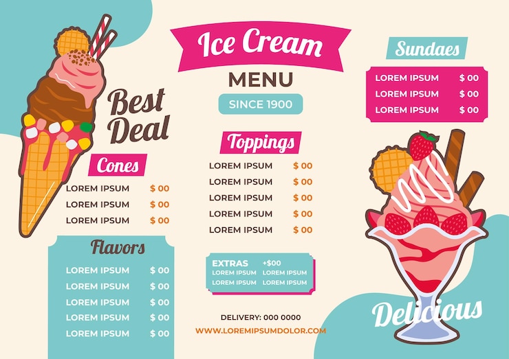Plantilla de menú de restaurante de helados