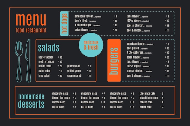 Vector plantilla de menú de restaurante horizontal digital simple