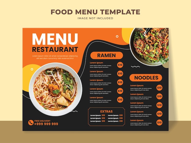 Plantilla de menú de restaurante con menú de ramen, fideos y otros elementos del menú