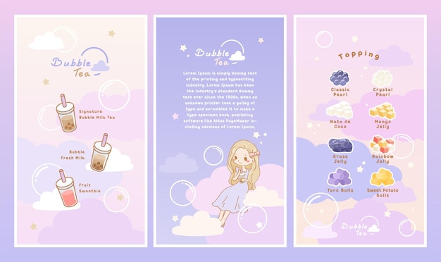 Plantilla de menú de té de burbujas en colores pastel nube y estrellas