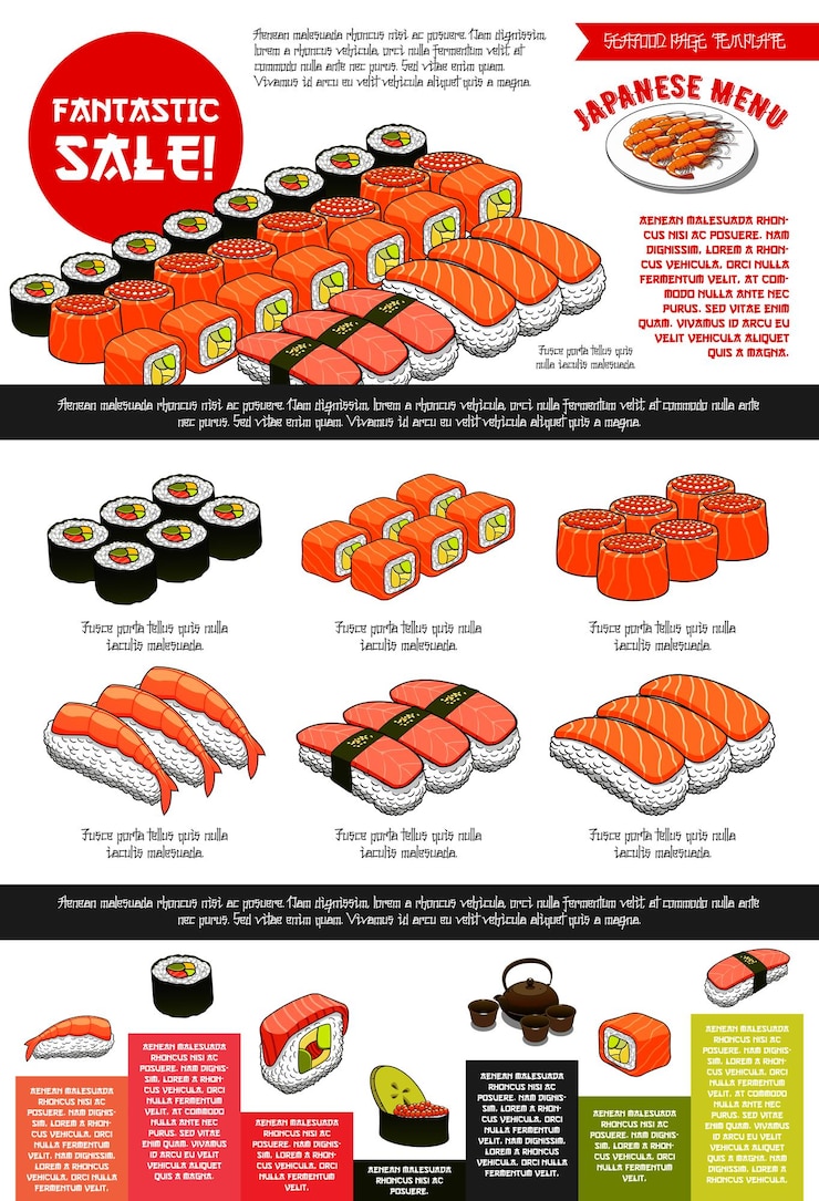 Vector plantilla de menú de vector de barra de sushi de cocina japonesa