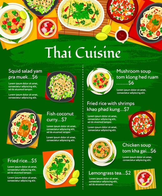 Plantilla de menú de vector de cocina tailandesa. Comidas de Tailandia