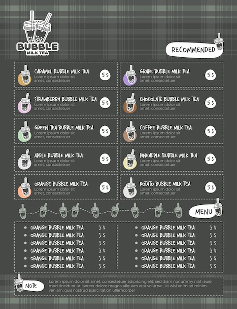 Plantilla de menú de vector de té de leche de burbujas Menú de dibujos animados de té de leche de burbujas para cafetería o restaurante