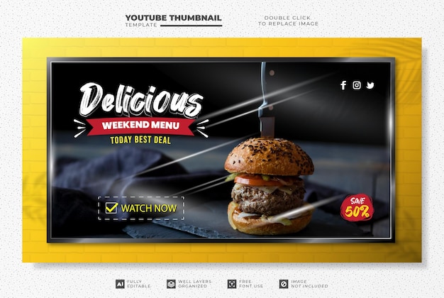 Vector plantilla de miniatura de youtube de menú de comida deliciosa