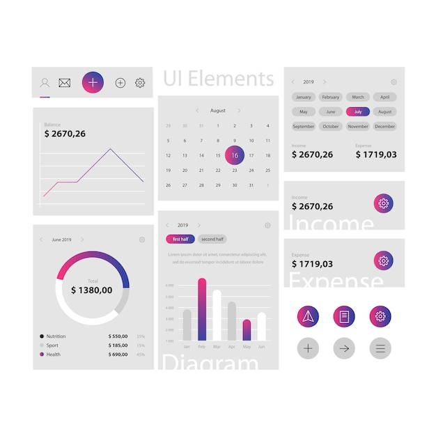 plantilla mínima de elementos de la web y la aplicación ui en fondo gris