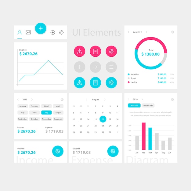 plantilla mínima de elementos web y de aplicaciones azul y rosa sobre fondo blanco