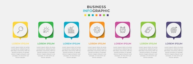 Plantilla mínima de infografías de negocios. línea de tiempo con 7 siete pasos, opciones e íconos de marketing.