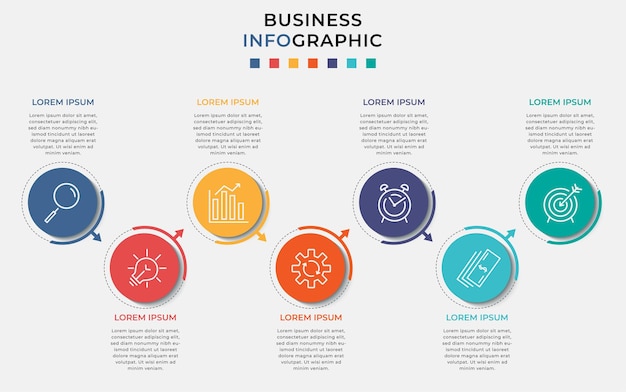 Plantilla mínima de infografías de negocios. Línea de tiempo con siete pasos, opciones e iconos de marketing.