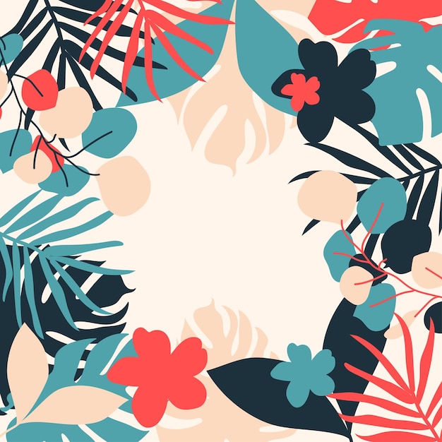 plantilla de moda con flores de contorno plantas elementos tropicales en fondo azul