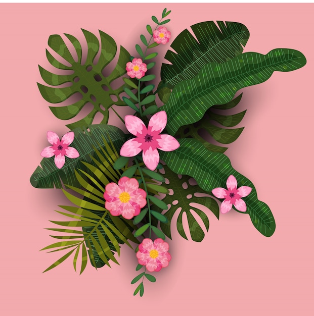 Vector plantilla de moda de verano plantas exóticas y flores de hibisco fondo tropical