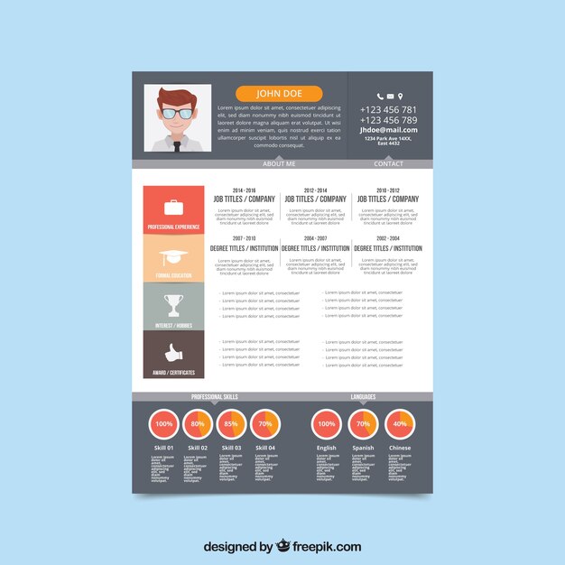 Plantilla moderna de currículum con elementos infográficos