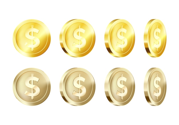 Plantilla de moneda de oro metálico de rotación. Icono de dólar dorado. Símbolo comercial de dinero.