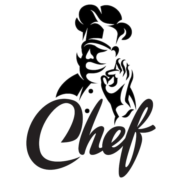 Plantilla monocromática vectorial con cocinero y letras caligráficas
