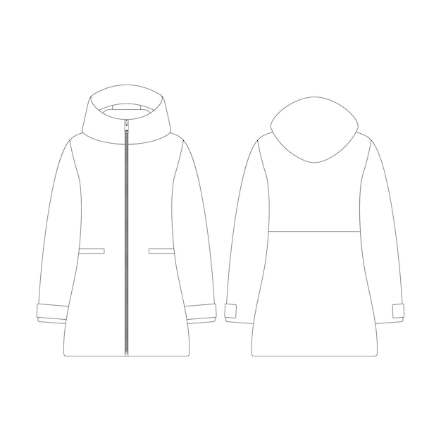 Plantilla mujer parka con capucha ilustración vectorial diseño plano contorno colección de ropa prendas de vestir exteriores