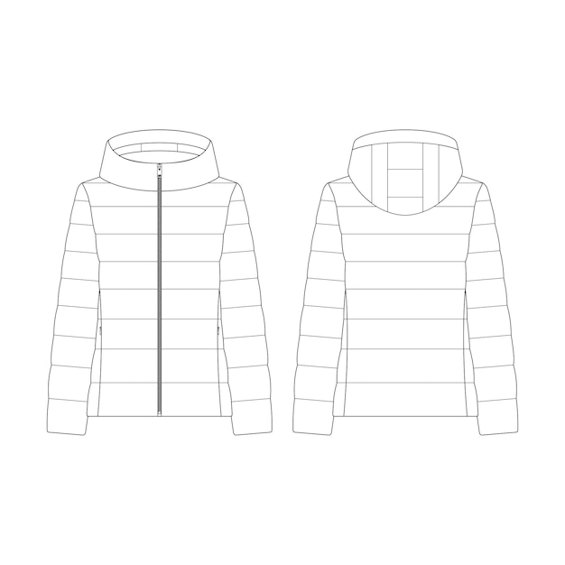 Plantilla mujeres puffer abajo parka vector ilustración diseño plano contorno colección de ropa prendas de vestir exteriores