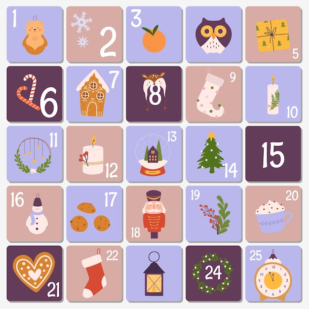 Plantilla de Navidad de calendario de adviento para niños Tarjetas decorativas navideñas para momentos divertidos infantiles Regalos pequeños de Navidad Regalos creativos Diseño vectorial de ilustración de colección de invierno de Navidad