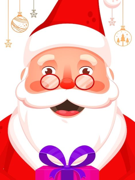 Plantilla de Navidad o diseño de volante con un personaje alegre de Papá Noel sosteniendo una caja de regalos con fondo decorado con estrellas y baubles