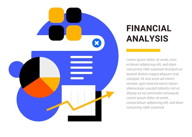 Plantilla de negocio con ilustración de gráfico financiero y gráfico sobre fondo blanco.