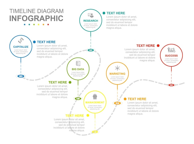 Plantilla de negocio de infografía 8 pasos Diagrama de línea de tiempo moderno con círculos Presentación de concepto