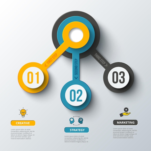 Vector plantilla de negocio infográfico de diagrama de flujo con 3 círculos