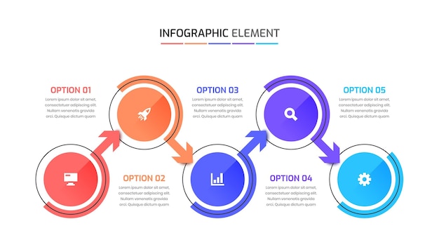 Plantilla de negocio de presentación de diseño de infografía con opción de etiqueta de círculo de flecha 5 e icono