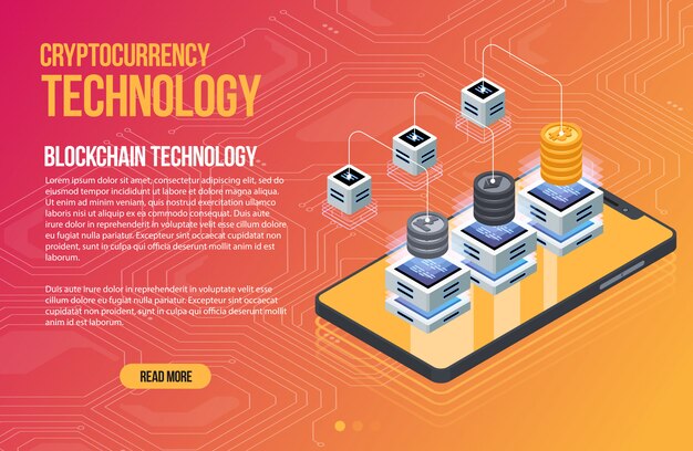 Plantilla de negocio de red blockchain. criptomoneda y composición isométrica de blockchain. tecnología abstracta minera. sistema de dinero digital. diseño para web y aplicación.