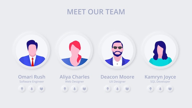 plantilla de neumorfismo de nuestro equipo de negocios diapositiva de concepto de presentación Skeuomorph