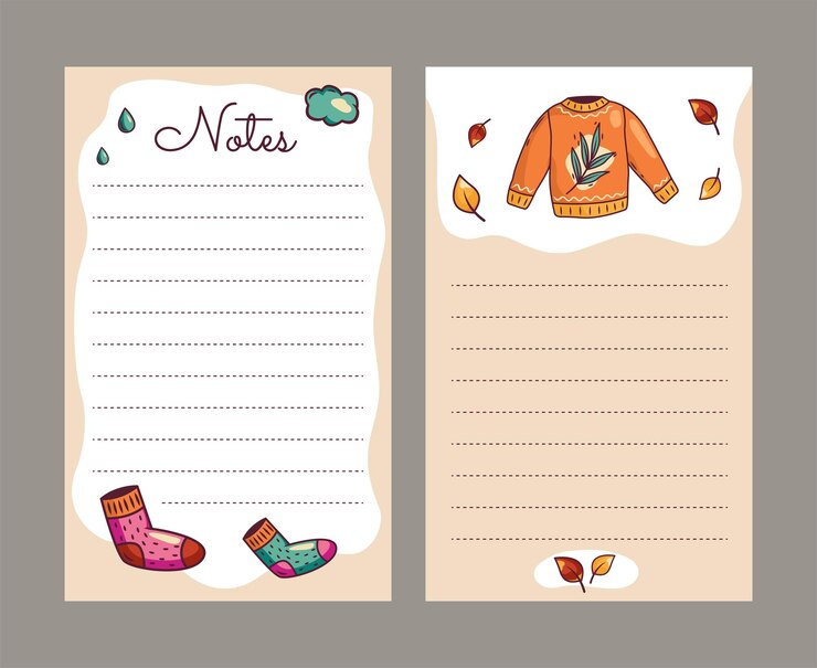 Vector una plantilla para notas hechas de papel limpio, un acogedor cárdigan, calcetines de lana, un conjunto de hojas vectoriales para cuadernos en estilo escandinavo, otoño invierno.