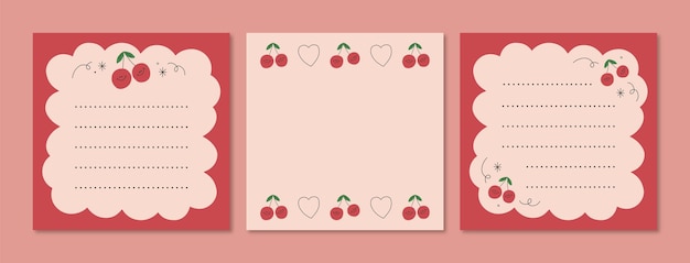 Vector plantilla de notas de memo de cereza para el diseño de tarjetas de felicitación para álbumes de recortes