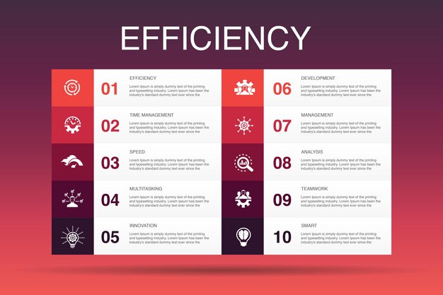 Plantilla de opción efficiency infographic 10. gestión del tiempo, velocidad, multitarea, trabajo en equipo iconos simples