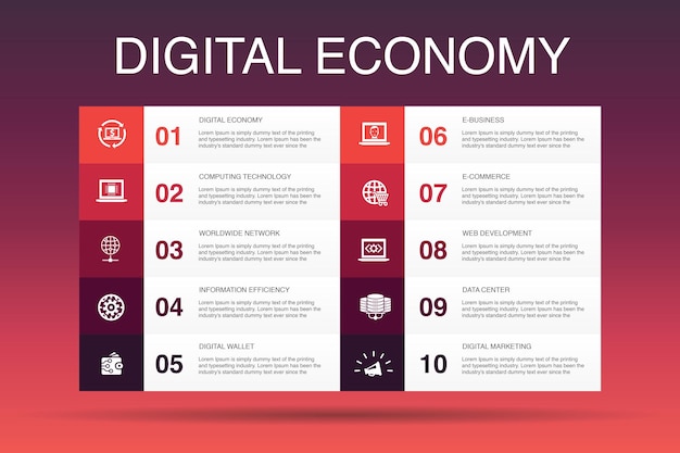 Plantilla de opción de infografía 10 de economía digital. tecnología informática, comercio electrónico, comercio electrónico, centro de datos, iconos simples