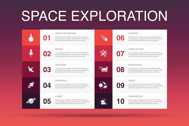 Plantilla de opción de infografía de exploración espacial 10 cohete, nave espacial, astronauta, iconos de planeta