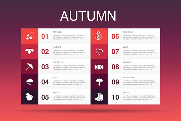 Plantilla de opción de infografía de otoño 10.tuerca de roble, lluvia, viento, iconos simples de calabaza