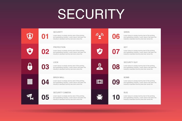 Plantilla de opción de infografía de seguridad 10 protección, cámara de seguridad, llave, iconos simples de bomba