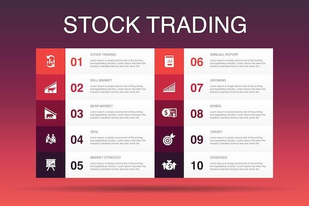 Plantilla de opciones de infografía de comercio de acciones 10 mercado de toros, mercado bajista, informe anual, iconos simples de destino